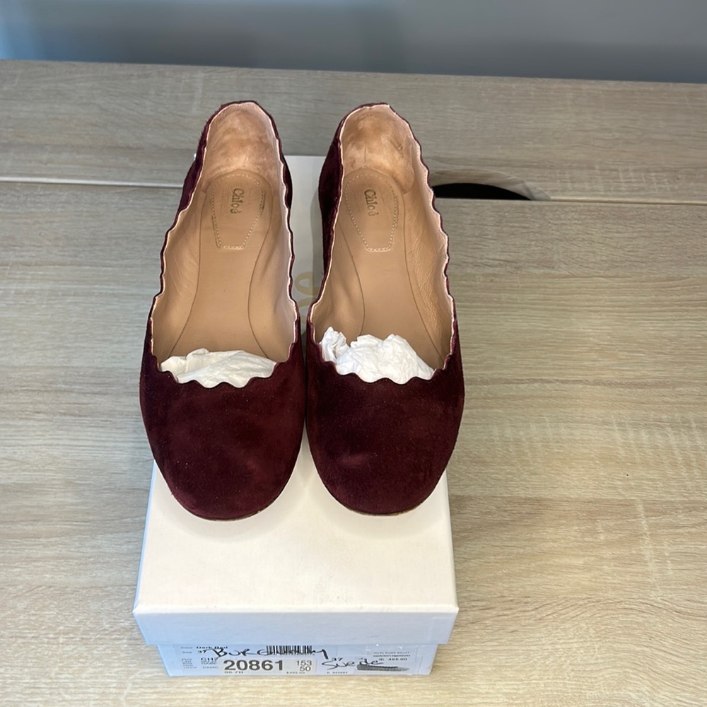 Chloe Dark Red Lauren scalloped edge ballerina suede flats size 37 / 7